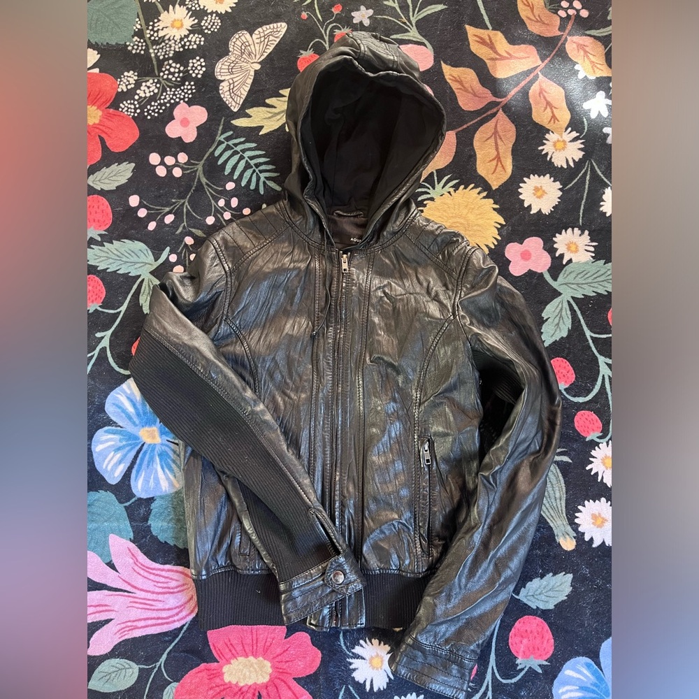 Aqua 100% Leather Bomber Jacket with hood Medium